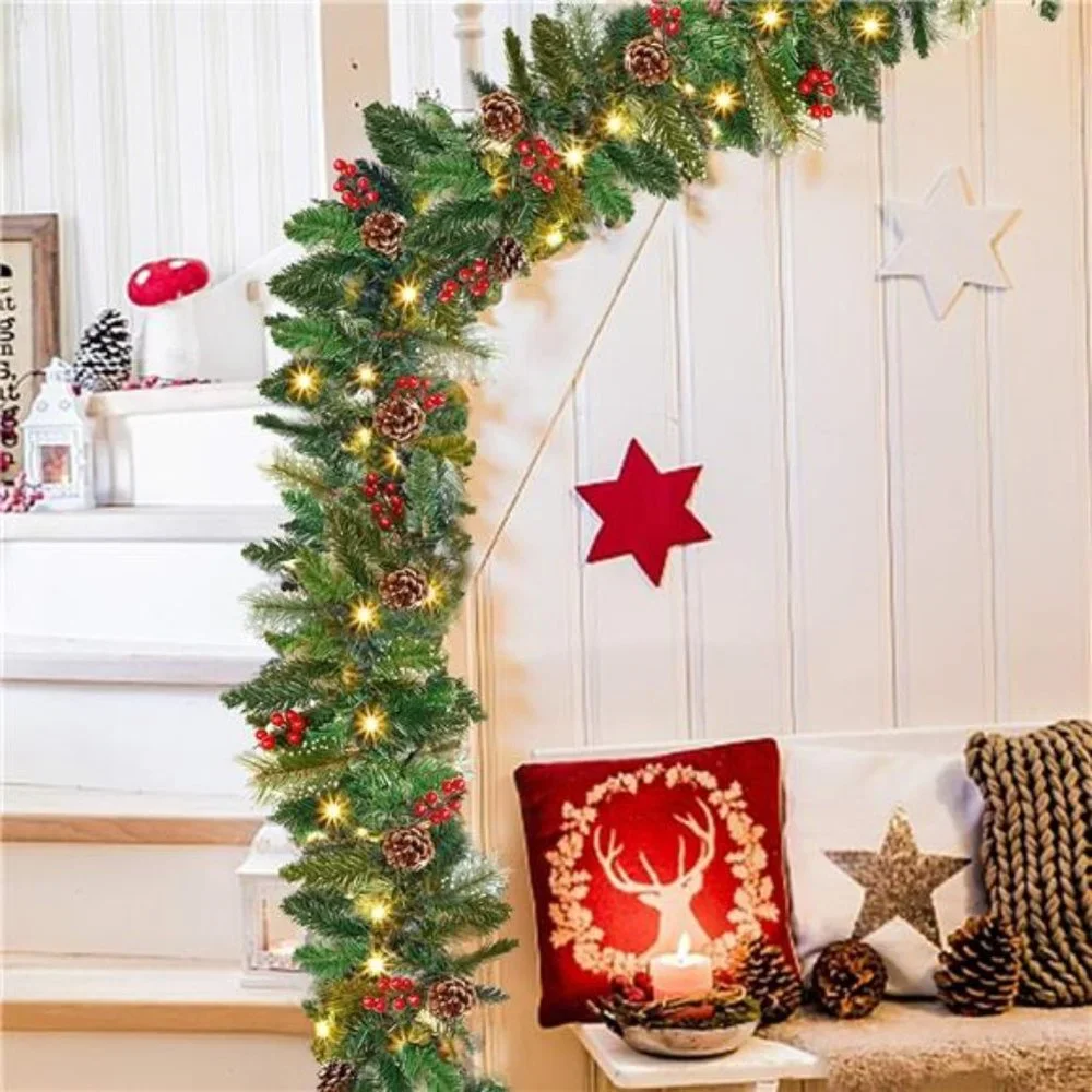 9FT Christmas Garland, Pre-lit Artificial Xmas Garland Decorations 50 LED Lights